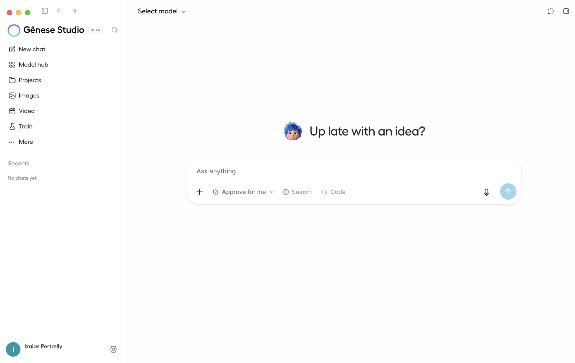 Tela inicial do Gênese Studio: barra lateral com Novo chat, Model hub, Projetos, Imagens, Vídeo e Treinar, e a caixa de conversa ao centro.